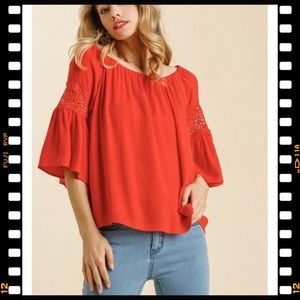 3/$30 NEW Boutique red shirt with crochet bell sleeves Medium NWT